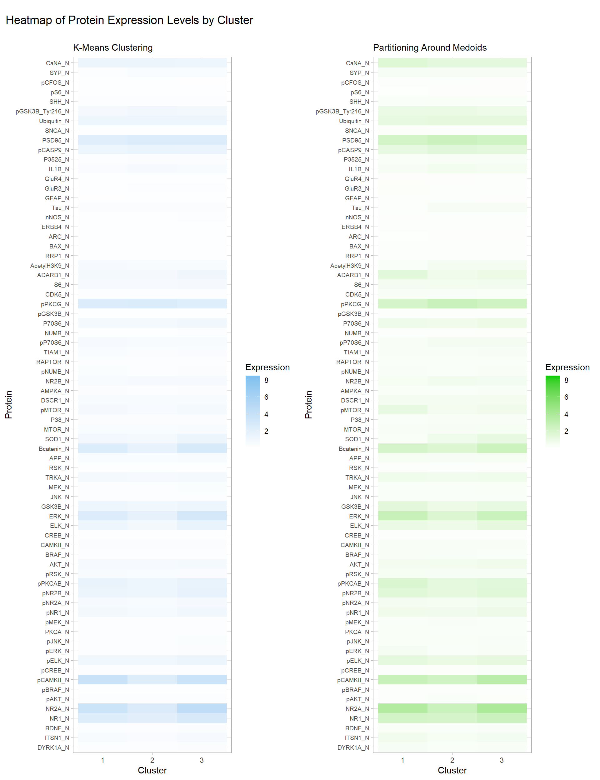 \label{fig:figKMPAM}Heatmap of Protein Expression Levels by Cluster, K-Means & PAM